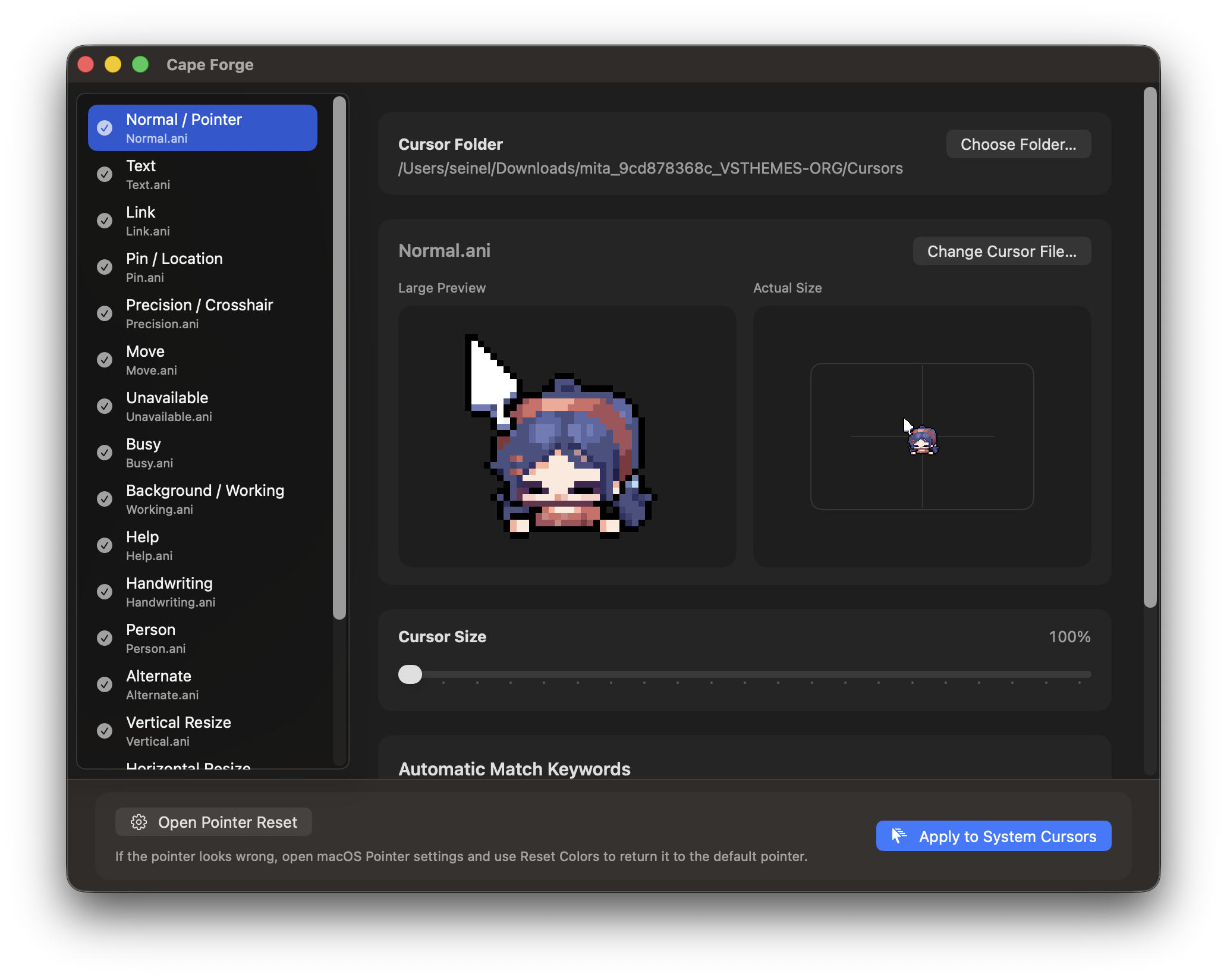 Cursie app showing cursor roles mapped from a Windows cursor pack