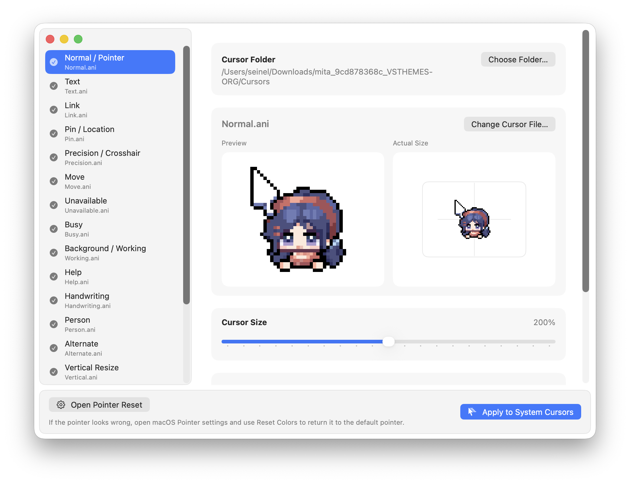Cursie app showing cursor roles mapped from a Windows cursor pack